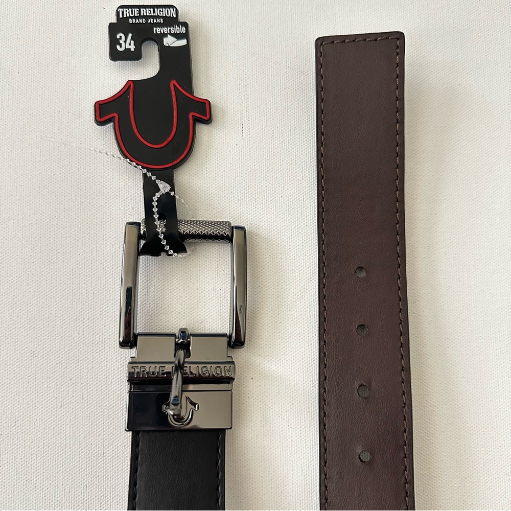 True Religion Black Men’s Reversible Belt with Polished Gunmetal Buckle Size 34